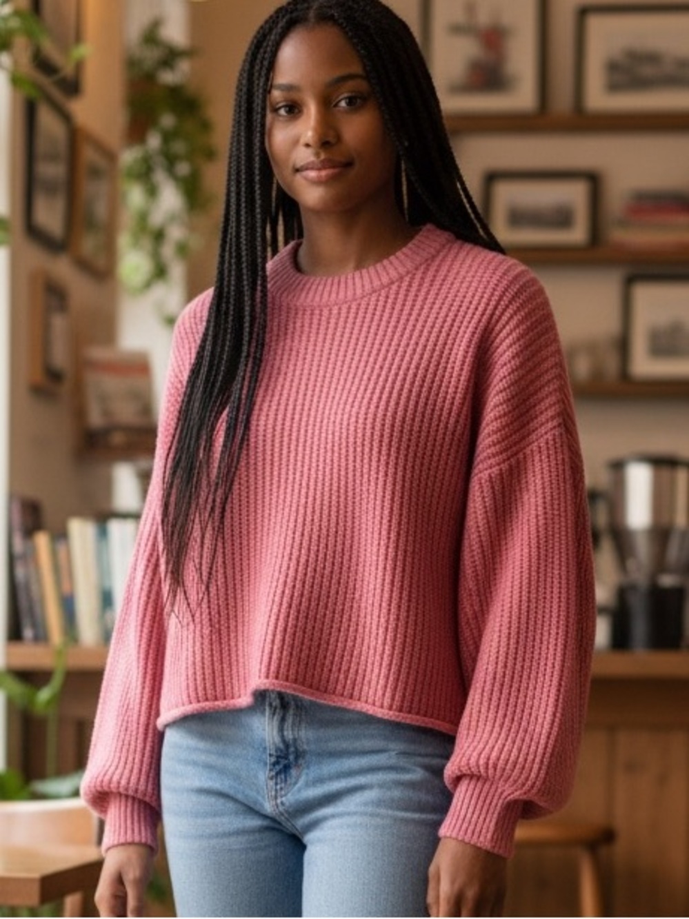 ALC Oversized Ribbed Knit Crewneck Rolled Hem Sweater Pink S EUC Cashmere Blend